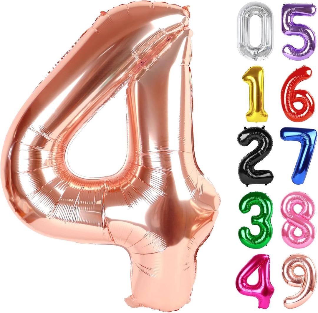 Rose Gold Number 4 Balloon 40 Inch, 4th Birthday Party Decorations for Children, Giant 4 Foil Balloon for Party Supplies