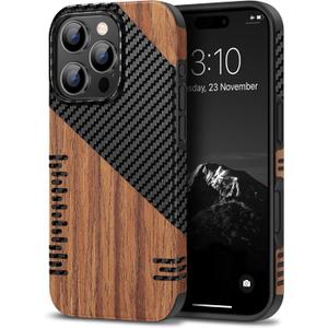 TENDLIN Compatible with iPhone 16 Pro Phone Case Wood Grain with Carbon Fiber Texture Design Leather Hybrid Slim Case (Twill)