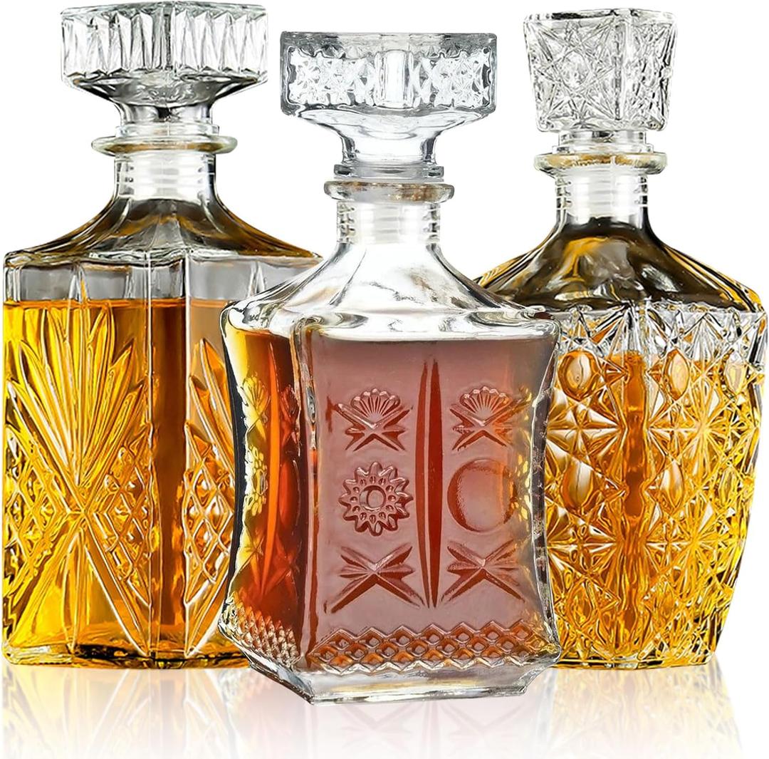 Whiskey Decanter Set for Men of 3PCS Liquor Bottles, Whiskey Bottles for Bourbon, Tequila, Brandy and Vodka, Elegant Crafted Glass Wine Decanter with 3 Unique Styles with Intricate Patterns