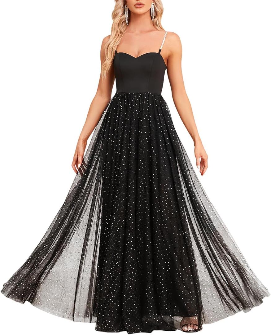 Women's Sparkly Prom Gowns Glitter Sequin Tulle A Line Long Formal Evening Gown Dresses High Waist Maxi Party Dress (Black, L)