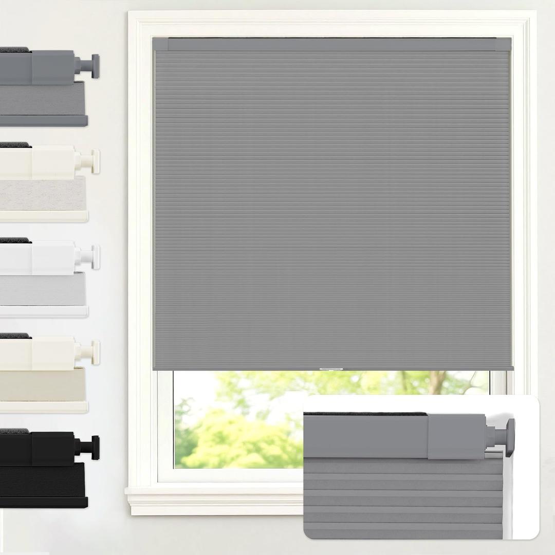 AOSKY No Drill Cordless Blackout Cellular Shades, 30" W x 48" H, Grey | No Tools Honeycomb Blinds for Indoor Windows, Free-Stop Blackout Shades for Home, Thermal Insulated, Noise Reducing