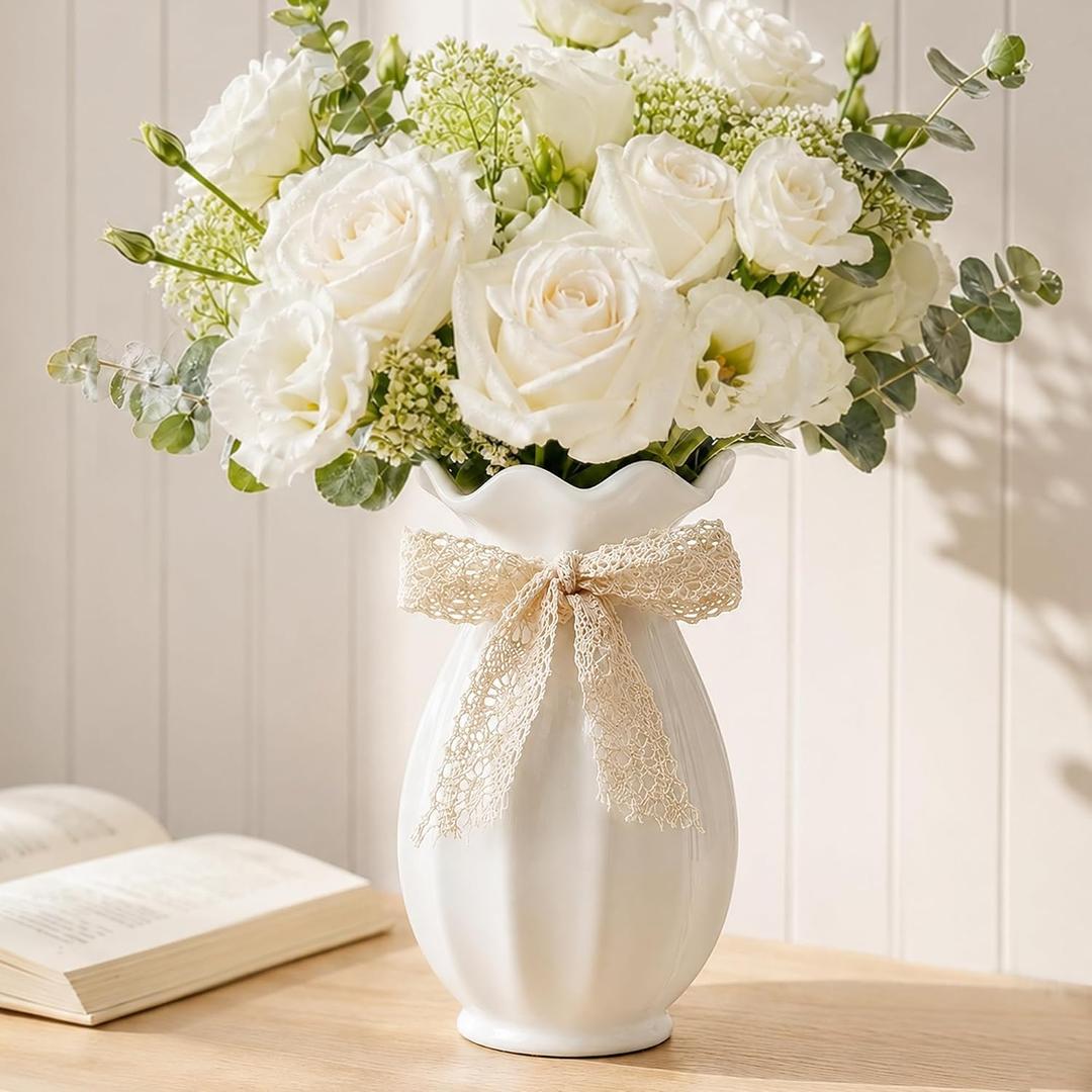White Ceramic Vase with Ribbon Vases for Flowers, White Flower Vase for Home Decor, Modern Farmhouse Table Centerpiece, Housewarming, Pampas Grass, Living Room