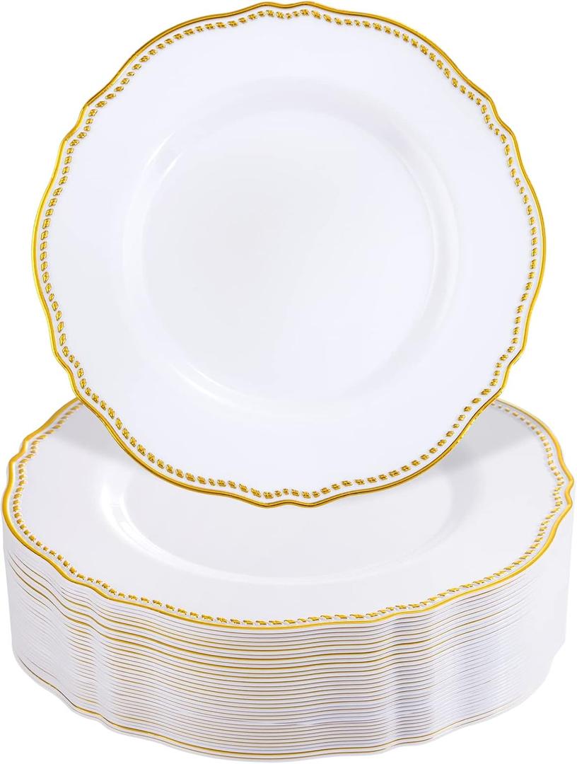 Hioasis 60pcs Gold Plastic Plates - White and Gold Disposable Dinnerware with Gold Rim, Heavy-duty, 7.5 inch, Dessert Plates for Party & Thanksgiving