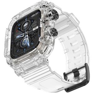 Goton Shockproof Case and Band for Apple Watch Series 9 8 7 SE2 SE 6 5 4 45mm 41mm 44mm 40mm, Military Protective Clear Rugged Bumper Cover TPU Strap for iWatch Accessories, 44/45mm Clear