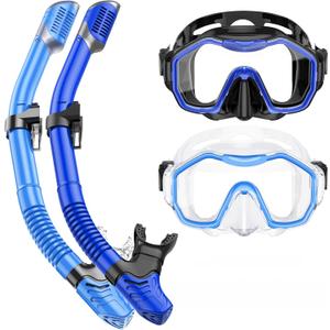 Snorkeling Gear for Adults Kids, Dry-Top Snorkel Set, 180° Panoramic Wide View Diving Mask Breathing Freely Snorkel Mask for Snorkeling Scuba Diving Swimming Travel (A18-Black Blue+Blue)