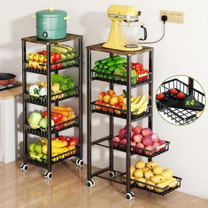 Fruit Vegetable Storage Basket for Kitchen, 5 Tier Large Pull-Out Metal Wire Baskets with 4 Pack Mats Bottom, Wood Top and Wheels, Vegetable Produce Bins Stand Cart Rack for Onions and Potatoes