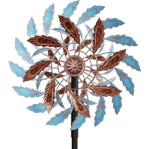 Metal Outdoor Wind Spinner, Wind Sculpture Spinner with Metal Stake, Waterproof 360 Degrees Kinetic Windmill Art Decoration for Patio Garden Lawn (Blue+Brown)