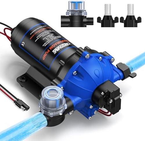 CrestWave 12V DC RV Water Pump, 7GPM 70PSI, Upgraded Five Chamber Self-Priming Diaphragm Pump with Heavy Duty Pressure Switch and Strainer for RV, Marine, Yacht, Caravan