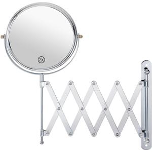 Welllink 7Inch Wall Mounted Double Sided Mirror, Accordion Makeup Mirror with 1X/7X Magnification, Chrome Finish, High-Definition Glass, Space Saving Screw Mount