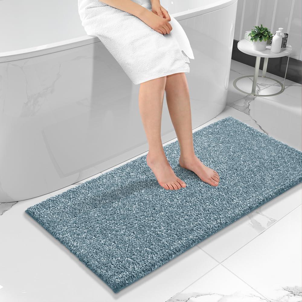 Yimobra Bathroom Rugs Mat, Extra Soft Comfortable Bath Rugs, Non-Slip, Water Absorbent and Thick Bathroom Floor Mats, Machine Washine, Shaggy Rugs for Shower Bathtubs, 56" x 24", Blue Grey&White