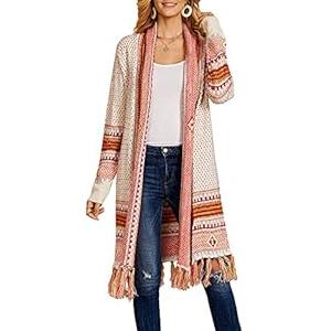 Misassy Womens Boho Open Front Long Cardigans Sweater Loose Long Sleeve Embroidery Tassels Kimono Duster Outwear, Small