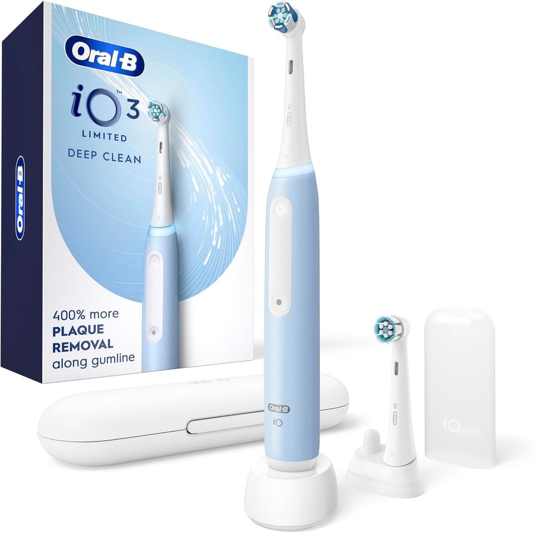 Oral-B Rechargeable Electric Toothbrush, iO3 Limited Deep Clean, 3 Cleaning Modes, Visual Pressure Sensor to Protect Gums, 2 Brush Heads, Travel Case, ICY Blue