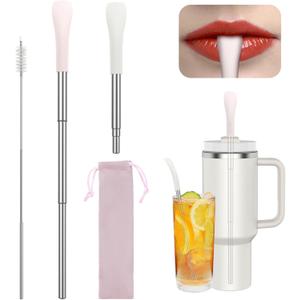 OUTXE Anti Wrinkle Collapsible Straws for Stanley, Flat Wide Portable Telescopic Travel Drinking Straw, Reusable Wrinkles Free Stainless Steel Straw for Lip Filler with Clean Brush& Carry Bag -2 Pcs (11 inch(fit stanley 40 30 oz))