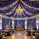 12 Panels Dark Blue Ceiling Curtains with Lights for Weddings - 5ftx30ft Wrinkle-Free Tulle Fabric Wedding Arch Draping Ceiling Drapes Decorations for Wedding Party Ceremony Stage Tent Event, 60"W x 360"L