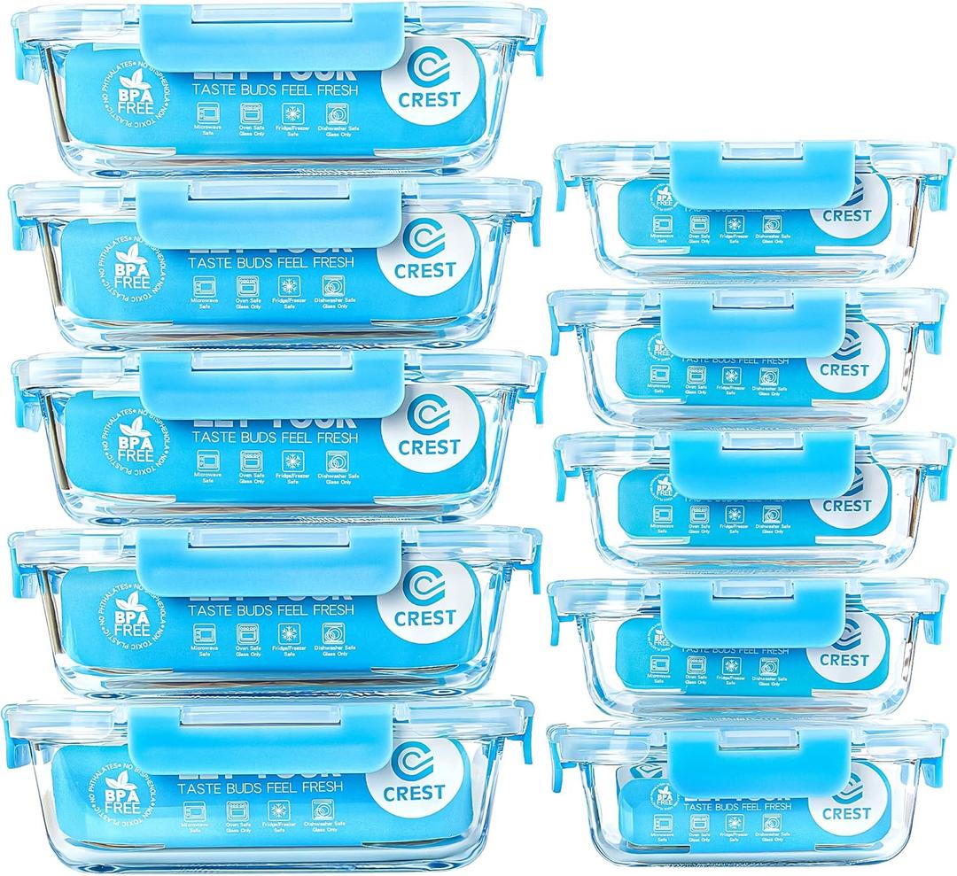 C CREST Glass Meal Prep Containers, [10 Pack] Glass Food Storage Containers with Lids, Airtight Bento Boxes, BPA Free & Leak Proof (10 Lids & 10 Containers) (Blue)