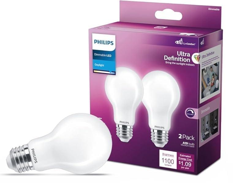 Philips LED 100W A19 2-Pack Ultra Definition Daylight (5000K) 1500 Lumen (11.5W = 100W) Dimmable Frosted Flicker-Free Light Bulbs