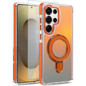 Magnetic Fit for Samsung Galaxy S25 Ultra Case with Stand, Orange | [Compatible with Magsafe] [Cute Fluorescent Design] [1 Screen Protector] Slim Translucent Matte Case for S25 Ultra 6.9"