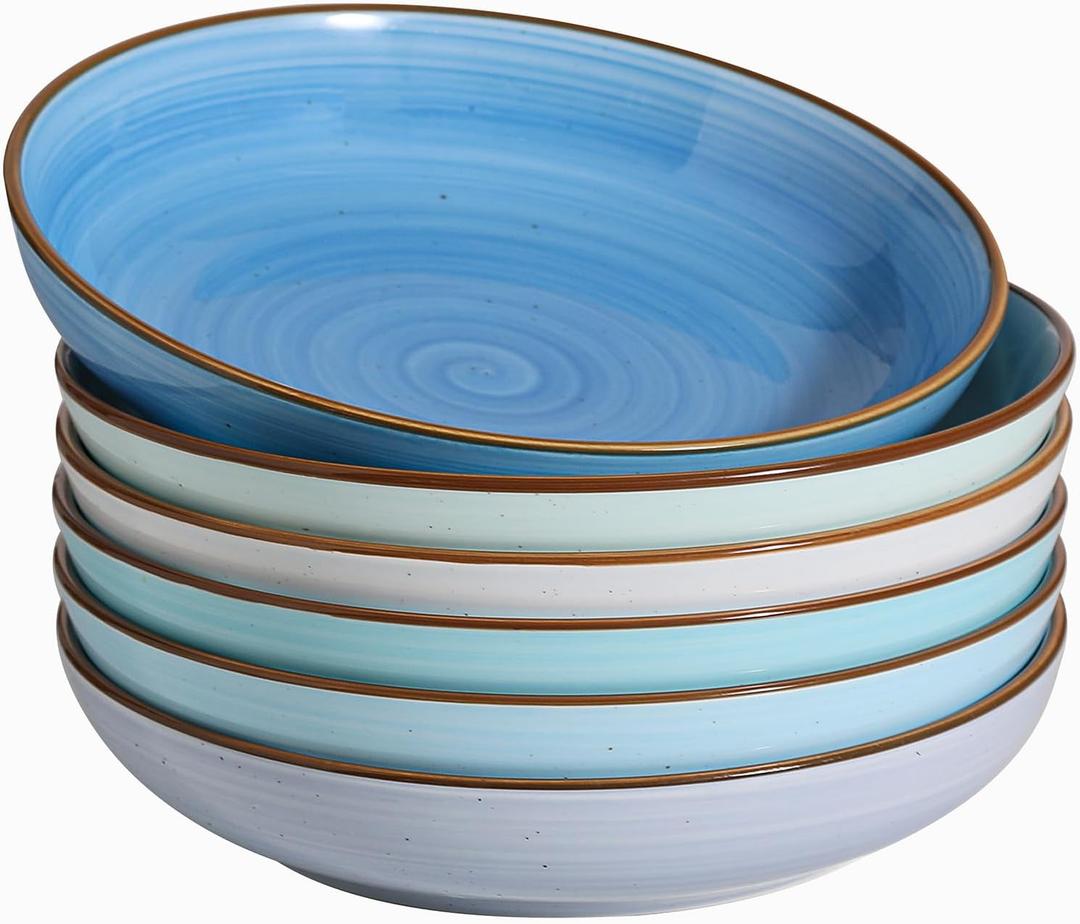 Y YHY 8.5'' Pasta Bowls Set of 6, 30 oz Ceramic Shallow Salad Bowls, Large Serving Soup Bowls Pasta Plates, Microwave & Dishwasher Safe Dinnerware Valentine's Day Gift, Gradient Blue