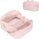 Hynes Eagle Travel Makeup Bag for Women Puffy Cosmetic Organizer Pouch Open Flat Toiletry Bag for Toiletries, Brushes Pink