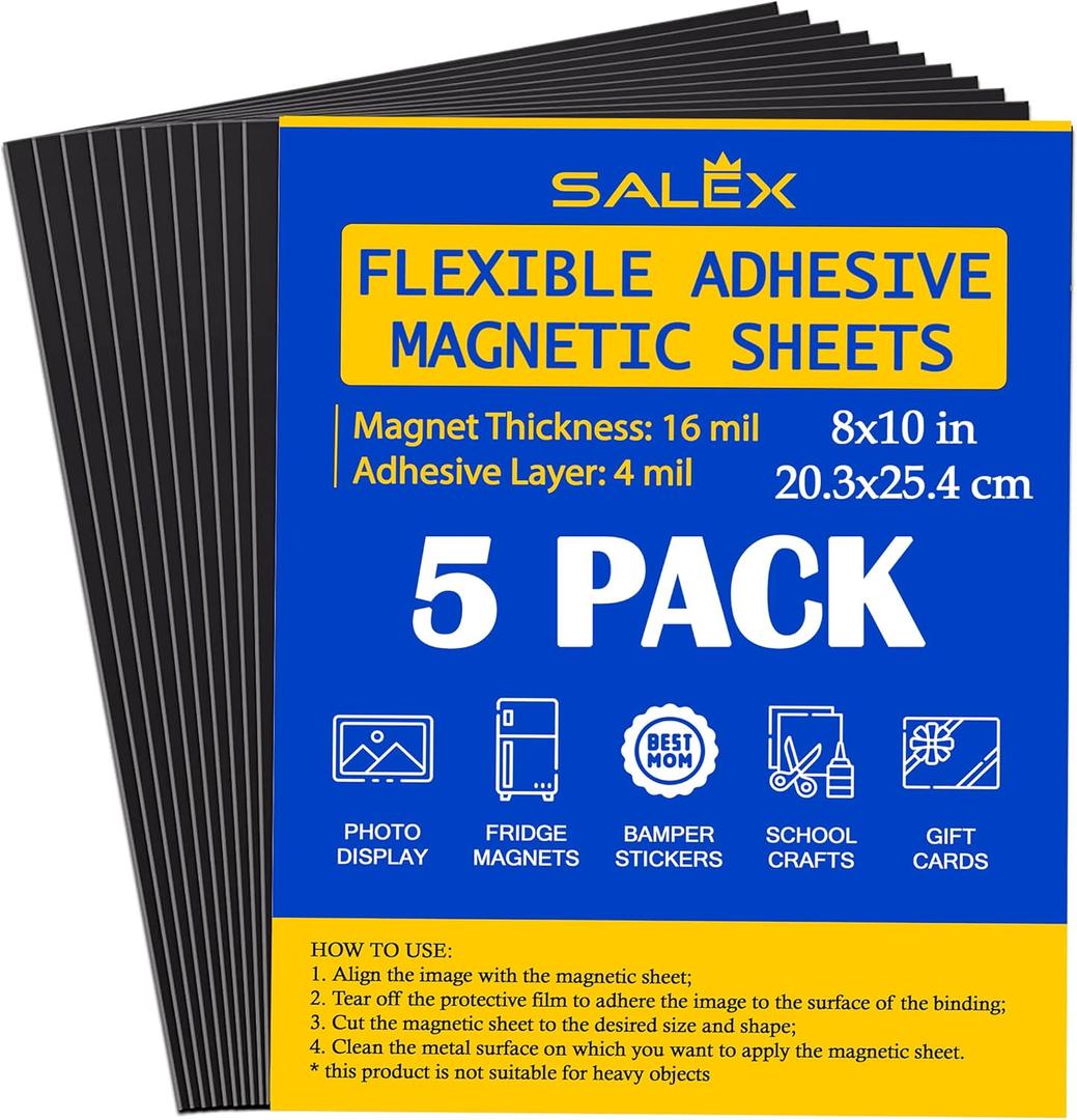 5 x Magnetic Sheets with Adhesive Backing 8" x 10" for Crafts, DIY. 5 Strong Craft Magnets to Make Flexible Magnet Self Sticky Tapes, Strips, Squares, Sheet for School Classroom Board, Fridge, Photos