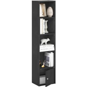 Furinno LUDER Book Shelf, 5-Tier Modern Bookshelf, Bookcase with 1 Door Storage Cabinet, 9.3 x 12 x 52,for Organization and Storage, for Living Room, Bedroom, Home Office, Blackwood