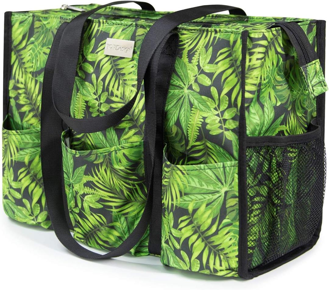 TOPDesign Utility Water Resistant Tote Bag with 13 Pockets, Top Zipper Closure & Thick Bottom Support, for Working Women