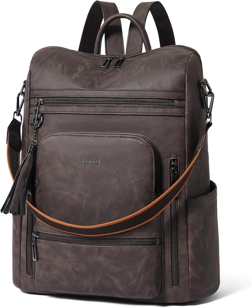 Shrrie Vegan Leather Laptop Backpack for Women 15.6 inch Work Backpack Fashion Travel Backpack Purse for Business College (Nubuck Coffee)