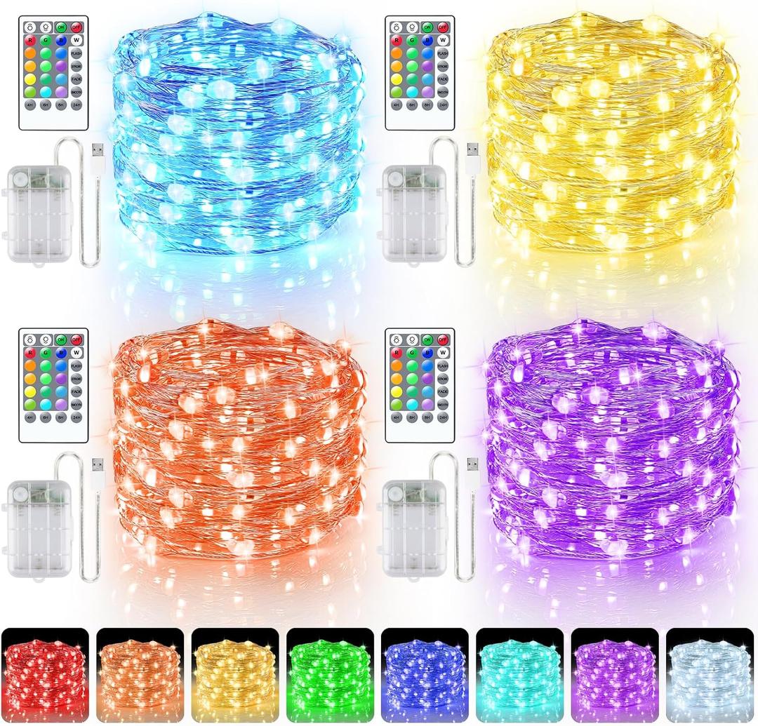 StarryEver 66ft 200LED Fairy Lights Battery Operated, 4 Pack 16.5ft 16 Color Changing String Light with Remote Timer, RGB Waterproof Twinkle Lights for Indoor Outdoor Room Gift Party Christmas Dcor