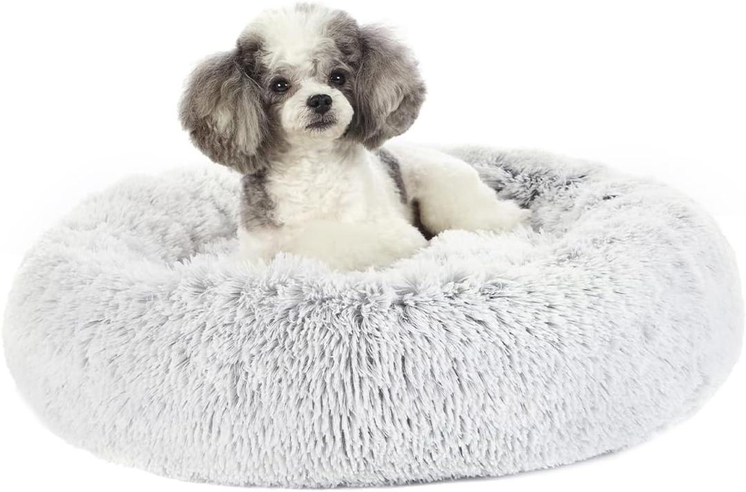 Bedfolks Calming Donut Dog Bed, 23 Inches Round Fluffy Dog Beds for Small Dogs, Machine Washable Anti-Anxiety Plush Puppy BedLight Grey, Small