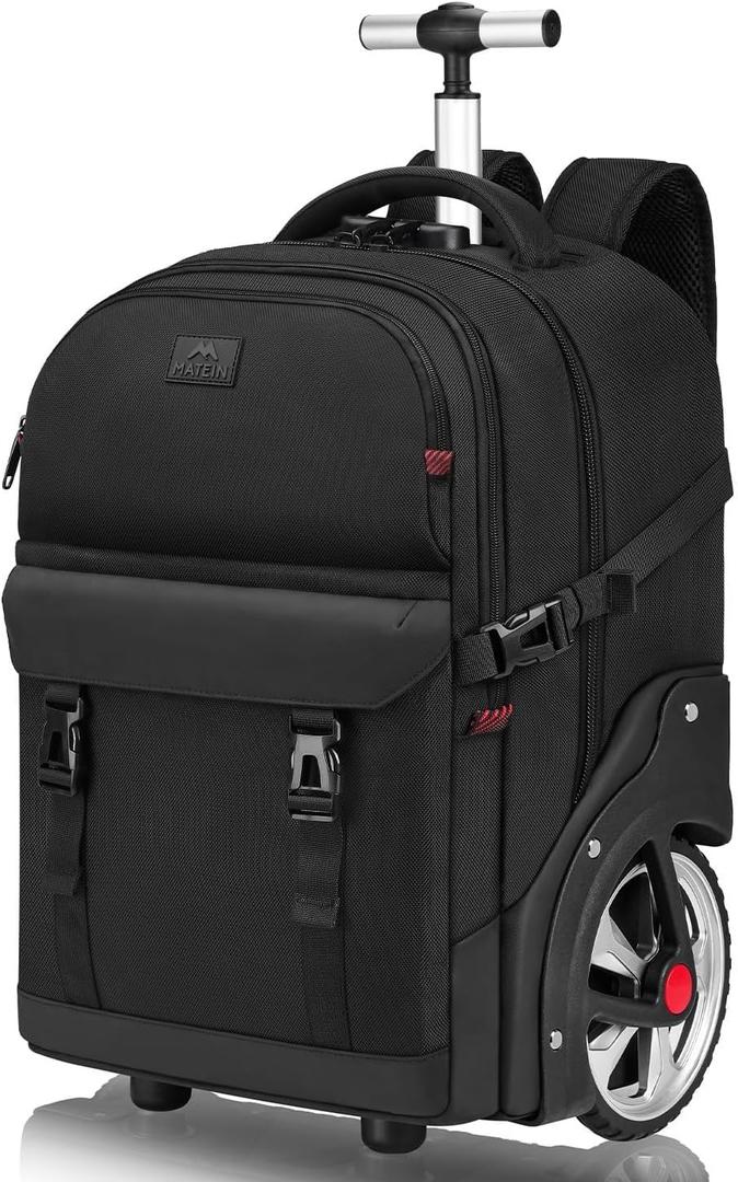 MATEIN Rolling Backpack for Men with Wheels, 17 Inch Large Wheeled Backpack with USB Charging Port & Combination Lock, Water Resistant Anti Theft Travel Laptop Backpack for Adults Work Business, Black, 17.3 Inch