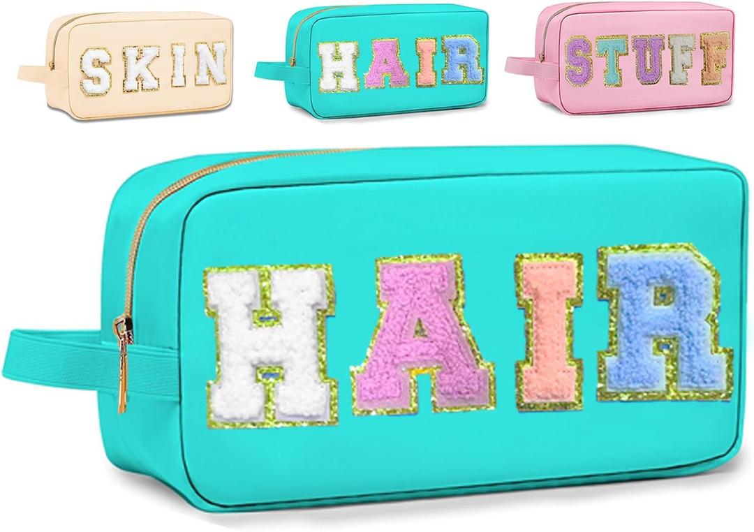 3 x Preppy Makeup Bag for Women, Cosmetic Bag Letter Pouch Purse with Handle, Waterproof Portable Glitter Nylon Travel Toiletry Bag Organizer with Zipper (A-Blue)