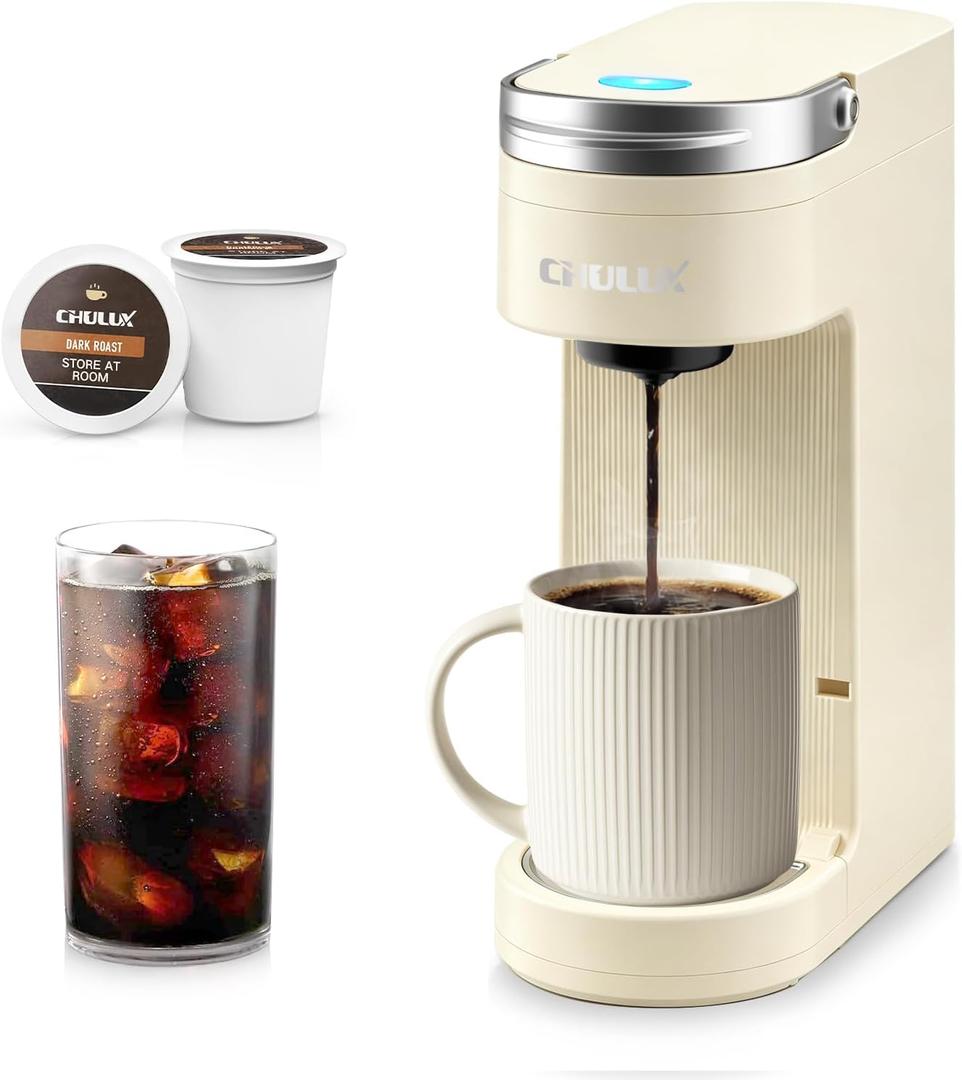 CHULUX Compact Single Cup Coffee Maker for K Cup Pod, Auto Shut-Off, Cream | Fast-Heating Boiler System, 4-Hole Needle for Richer Flavor, Adjustable Drip Tray for 7.3" Travel Mug, Food Grade Material