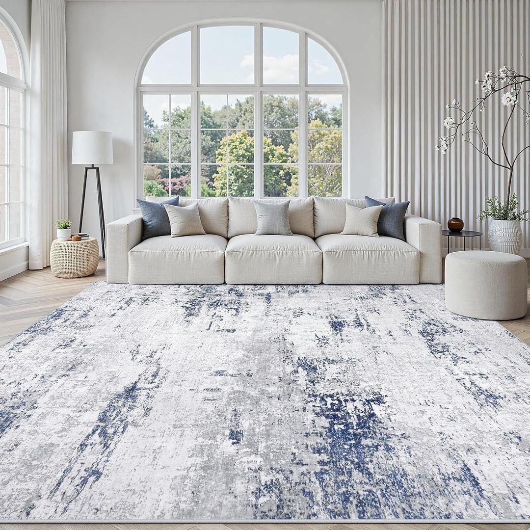 Area Rugs 8x10 Living Room: Large Modern Abstract Washable Rug Soft Anti-Skid Non-Shedding Carpet Indoor Floor Thin Carpets for Bedroom Dining Room Farmhouse Nursery Home Office Night Blue Grey