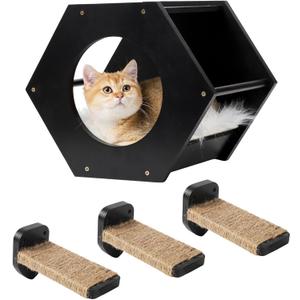Cat Shelves with 3 Steps Scratcher Post & Hammock - Wall Mounted Climbing Shelf for Indoor Cats (Black)