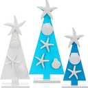 3 Pcs Coastal Christmas Tree Decor Wooden Beach Themed Seashell Starfish Shell Small Christmas Tree Decorations for Coastal Ornaments Ocean Theme Holidays for Indoor Home Xmas (Mixed)