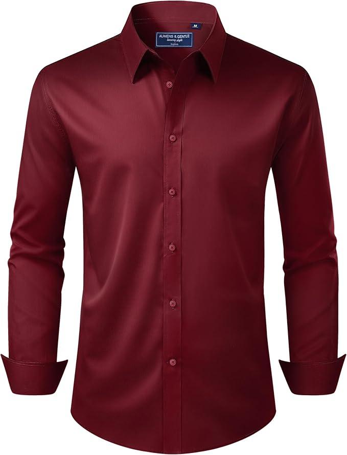 Alimens & Gentle Men's Dress Shirt Regular Fit Stretch Stain Shield Long Sleeve Solid Business Wedding Button Down Shirts, Burgundy