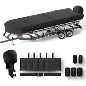 Jon Boat Cover 16ft With Motor Cover, 1200D Heavy Duty Marine Grade Polyester Fabric, Waterproof UV Resistant Mooring Boat Cover With Mooring Sand Bag, Black (14'-16' Long, Beam Width up to 75'')