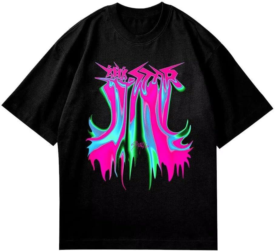 Stray Kids Rock Star Album Merch T Shirt Felix Jisung Hyunjin Minho Bangchan Changbin Concerts Tee Unisex Tops (Large, Black-a01)