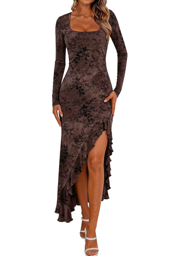 Women's Square Neck Long Sleeve Maxi Dress Floral Bodycon Dresses Print Side Split Dresses Elegant Formal Cocktail Dress (US, Alpha, X-Large, Regular, Regular, Brown Floral)