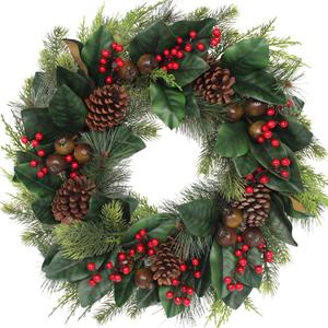 Christmas Wreath, 24 Inch Christmas Wreaths for Front Door, Artificial Green Magnolia Leaves, Red Berries, Pinecones, Winter Indoor and Outdoor Farmhouse Wreath Window, Home Decorations