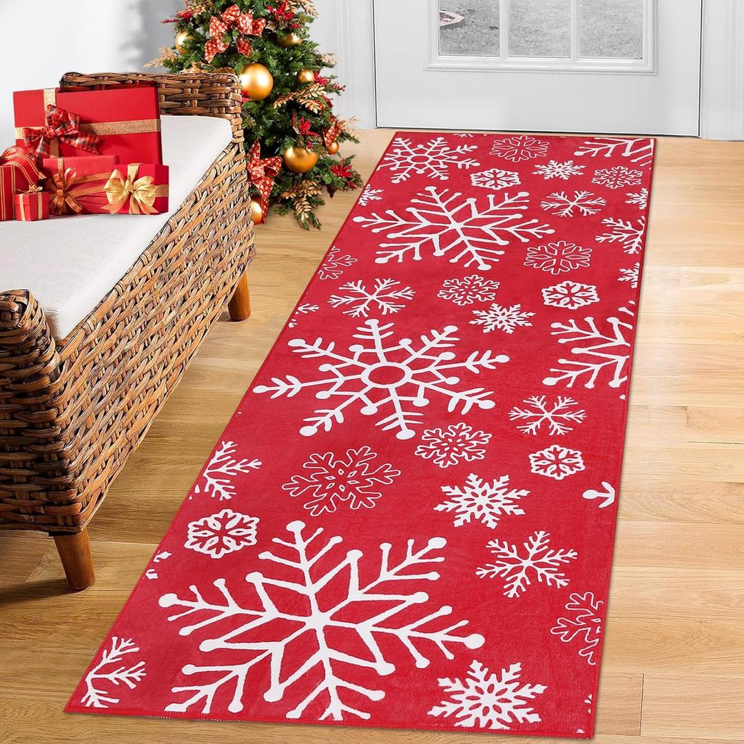 Christmas Runner Rug Xmas Snowflake Pattern Hallway Area Rug Holiday Decorative Accent Rug Runner Machine Washable Non-Slip Floor Cover Carpet for Kitchen Laundry Bedroom, Red, 2x6 Feet