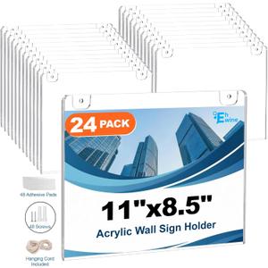 EHWINE 24 Pack 8.5x11 Wall Mount Acrylic Sign Holder Horizontal, Acrylic Wall Sign Photo Menu Flyer Display Holder, Plastic Clear Picture Adhesive Frames for Office Party (Provide Mounting Screws)