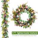 6 FT Pre-Lit Easter Garland with 20 LED Lights & 8 Modes Timer, Lighted Pastel Easter Egg Garland for Mantle Decorations, Greenery Spring Garland with Flower & Berry for Fireplace Table Holiday