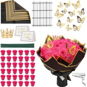 36 PCS Hot Pink Glitter Roses Bouquet Kit, Sparkling Flower Arrangement with Stems, Butterflies, Crown, Wrapping Paper, Card, Ribbon for Wedding, Holiday, Mothers Day, Birthday, DIY Crafts