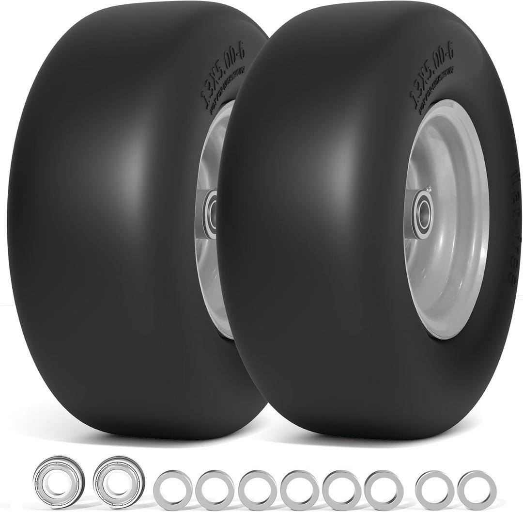 13x5.00-6 Flat Free Lawn Mower Tire, Zero Turn Mower Front Tires, 13x5x6 Solid Mower Wheel for Residential and Commercial, 3/4" & 5/8" Bearing, 3.25"-5.9" Center Hub, 2Pack Gray, 500Lbs