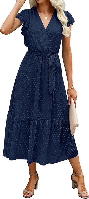 BTFBM Women Summer Bohemian Floral Casual Wrap V Neck Ruffle Cap Sleeveless Belt A-Line Pleated Hem Midi Sun Dress Swiss Dot Navy Blue XXL