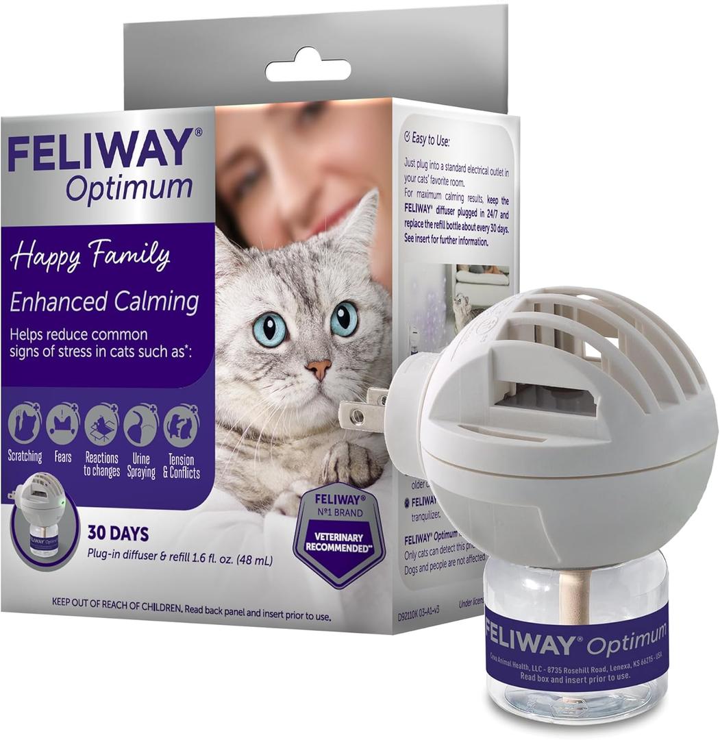 FELIWAY Optimum 30 Day Cat Calming Plug In Pheromone Diffuser Starter Kit, 48ml - Helps Reduce Common Signs of Stress in Cats & Kittens, Enhanced Calming (1 Pack, Translucent)