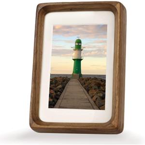 Natural Wood 5x7 Picture Frame, Display 4x6 Picture with Mat or 5x7 Without Mat, Solid Walnut Wood Photo Frame with Plexiglass, Tabletop Display and Wall Hanging