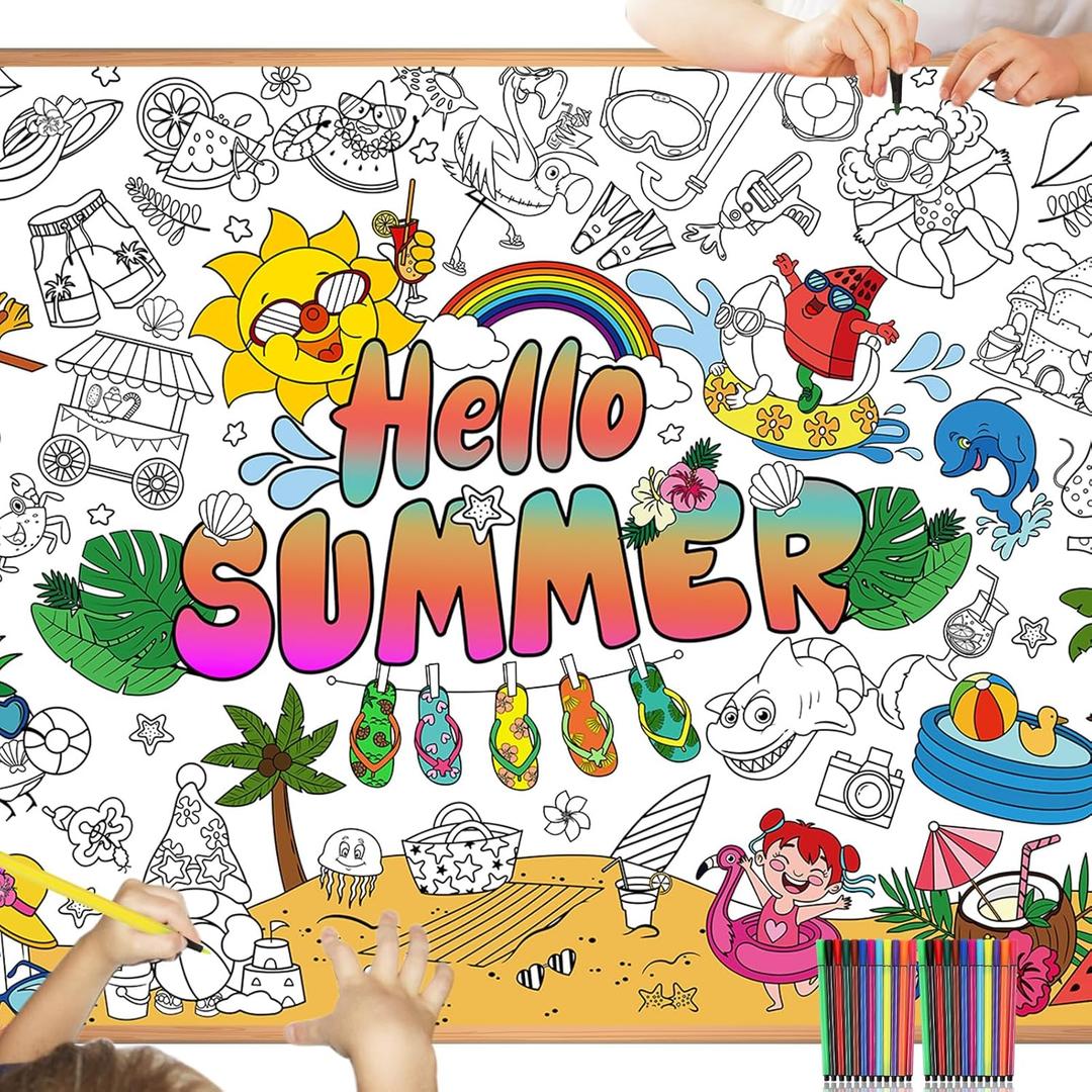 HOWAF Giant Hello Summer Coloring Poster with 24pcs (24 Colors) Paint Pens, Jumbo Summer Coloring Banner for Kids Pool Party Game Activities Supplies, Large Hello Summer Coloring Table Cover