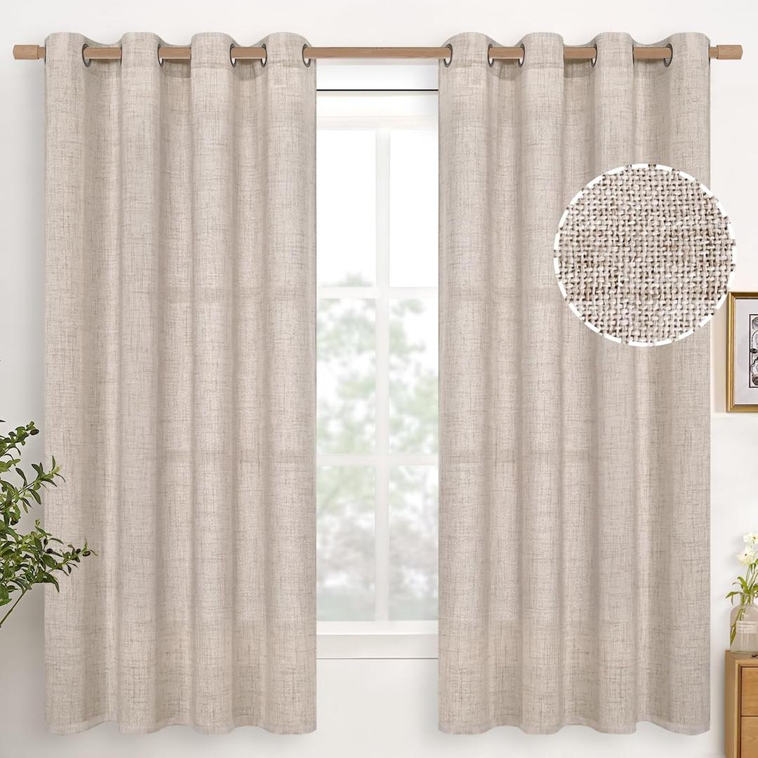 YoungsTex Linen Semi Sheer Curtains 63 Inch Length 2 Panels for Living Room - Light Filtering Drapes with Bronze Grommet Beige Window Treatments for Country Office Bedroom, 52 X 63 Inch (Natural)